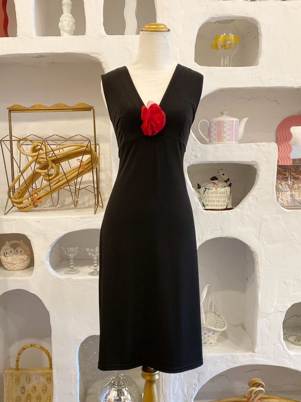 Black V-Neck Midi Dress with Red Floral Accent